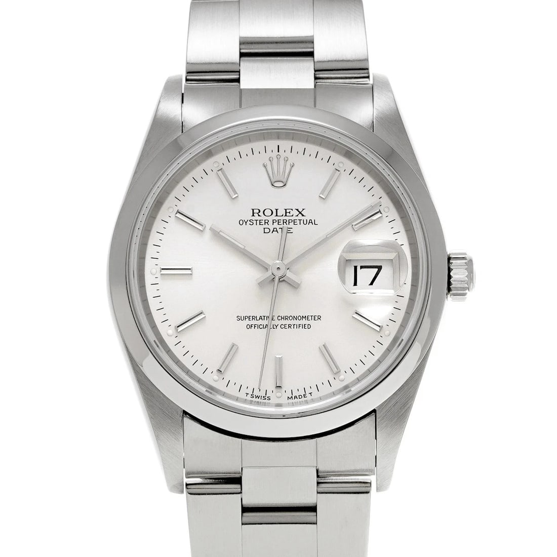 ROLEX OYSTER PERPETUAL DATE SILVER WATCH: ROLEX Oyster Perpetual Date Silver Watch Brand: ROLEX Type/Style: Wristwatch Material: Band Material Stainless steel, Case Material Stainless steel Color: Dial Color Silver Size: Case Size H/about