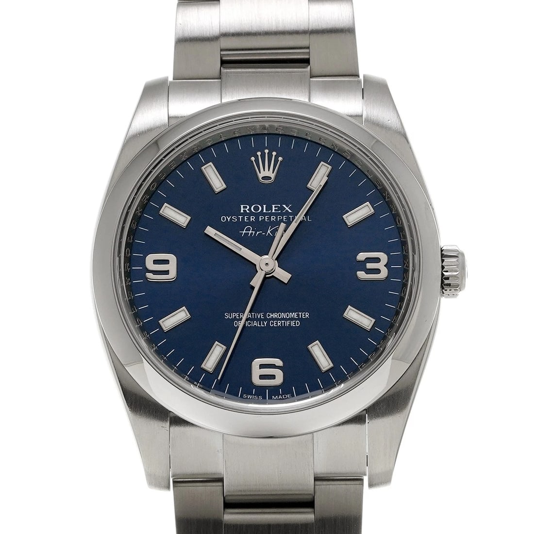 ROLEX OYSTER PERPETUAL AIR-KING BLUE WATCH: ROLEX Oyster Perpetual Air-King blue Watch Brand: ROLEX Type/Style: Wristwatch Material: Band Material Stainless steel, Case Material Stainless steel Color: Dial Color blue Size: Case Size H/about