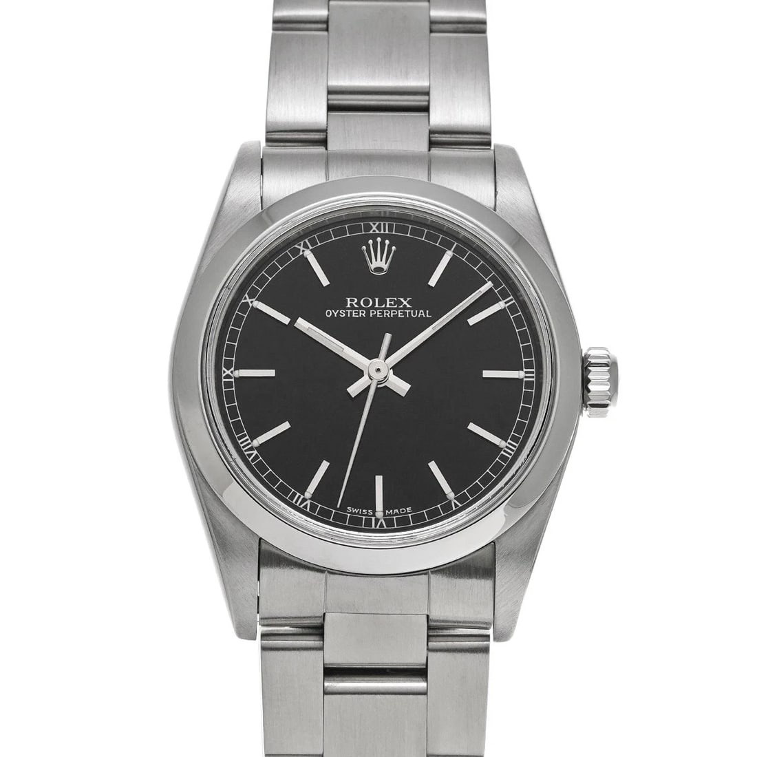 ROLEX OYSTER PERPETUAL BLACK WATCH: ROLEX Oyster Perpetual black Watch Brand: ROLEX Type/Style: Wristwatch Material: Band Material Stainless steel, Case Material Stainless steel Color: Dial Color black Size: Case Size H/about 31mm