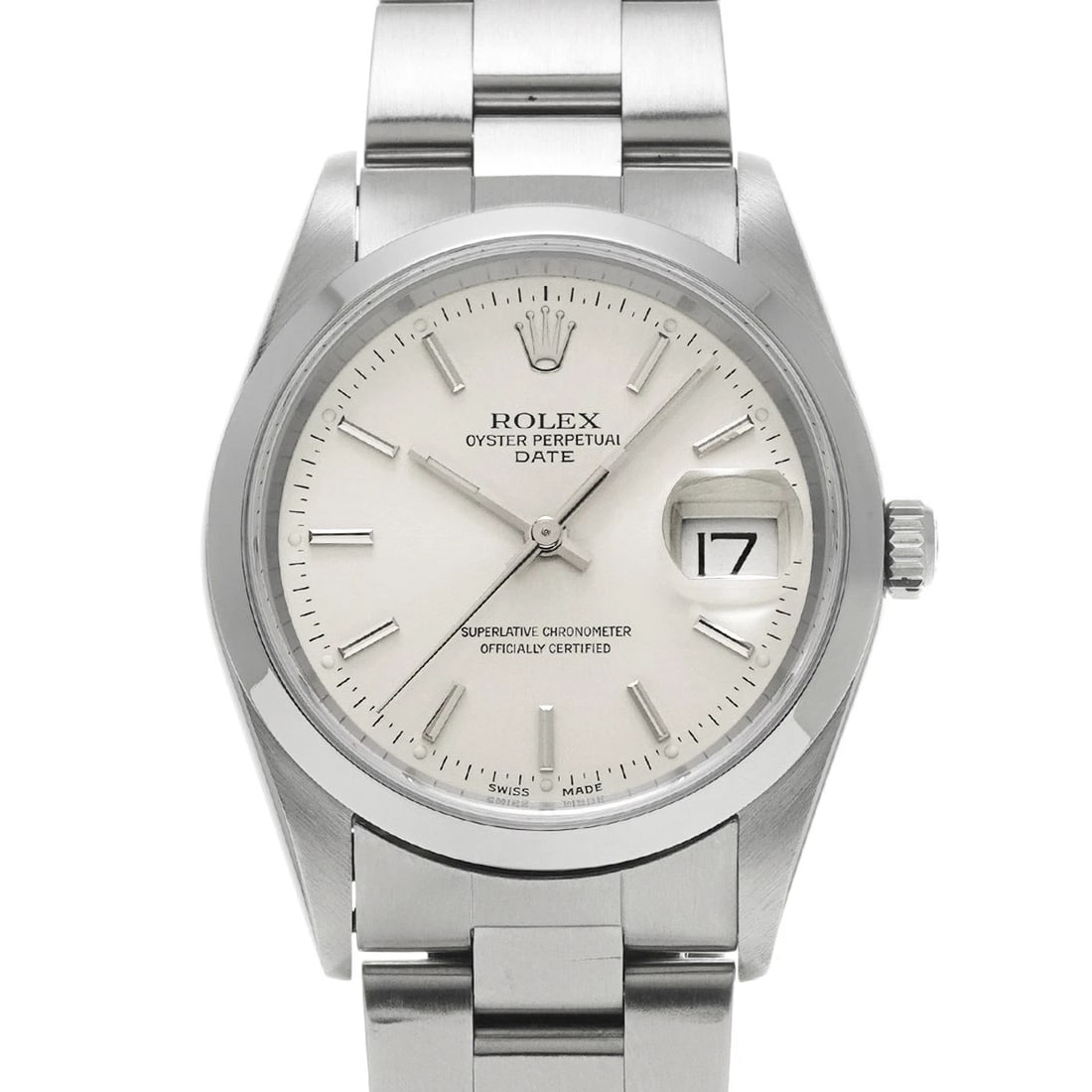 ROLEX OYSTER PERPETUAL DATE SILVER WATCH: ROLEX Oyster Perpetual Date Silver Watch Brand: ROLEX Type/Style: Wristwatch Material: Band Material Stainless steel, Case Material Stainless steel Color: Dial Color Silver Size: Case Size H/about