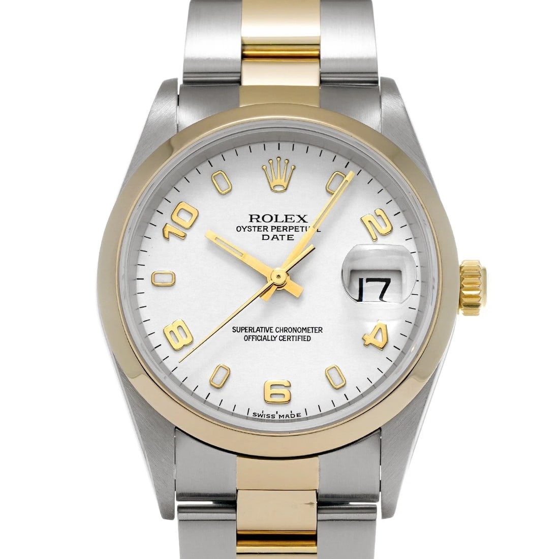 ROLEX OYSTER PERPETUAL DATE 34 WHITE WATCH: ROLEX Oyster Perpetual Date 34 white Watch Brand: ROLEX Type/Style: Wristwatch Material: Band Material Stainless steel/Yellow Gold, Case Material Stainless steel Color: Dial Color white Size: Case