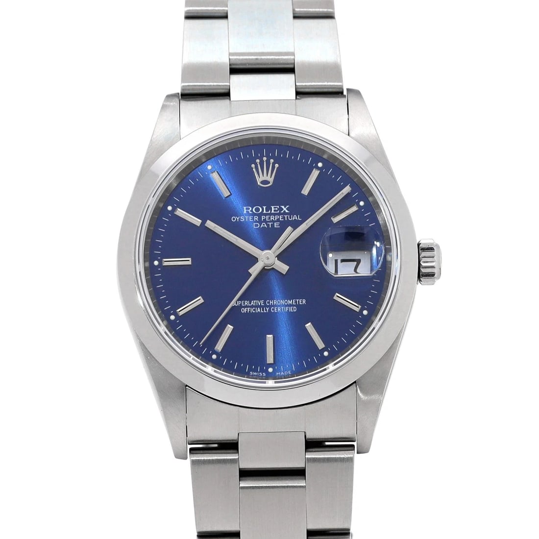 ROLEX OYSTER PERPETUAL DATE BLUE WATCH: ROLEX Oyster Perpetual Date blue Watch Brand: ROLEX Type/Style: Wristwatch Material: Band Material Stainless steel, Case Material Stainless steel Color: Dial Color blue Size: Case Size H/about 34mm