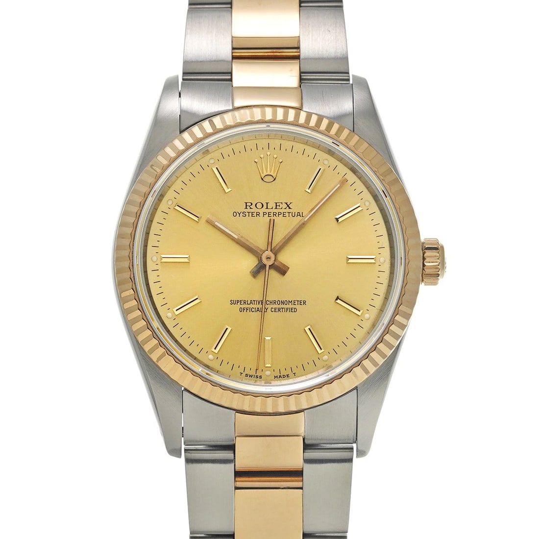 ROLEX OYSTER PERPETUAL CHAMPAGNE WATCH: ROLEX Oyster Perpetual Champagne Watch Brand: ROLEX Type/Style: Wristwatch Material: Band Material Stainless steel/Yellow Gold, Case Material Stainless steel Color: Dial Color Champagne Size: Case