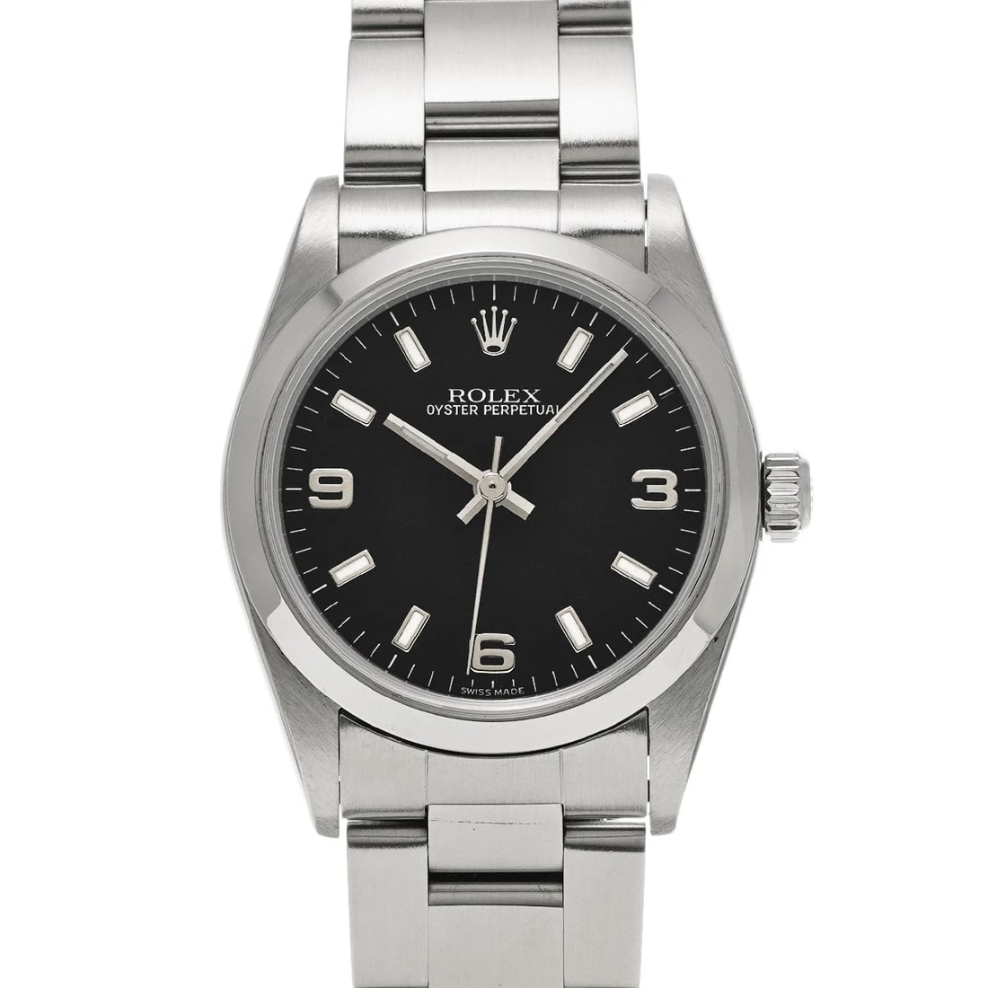 ROLEX OYSTER PERPETUAL BLACK WATCH: ROLEX Oyster Perpetual black Watch Brand: ROLEX Type/Style: Wristwatch Material: Band Material Stainless steel, Case Material Stainless steel Color: Dial Color black Size: Case Size H/about 31mm W/abo