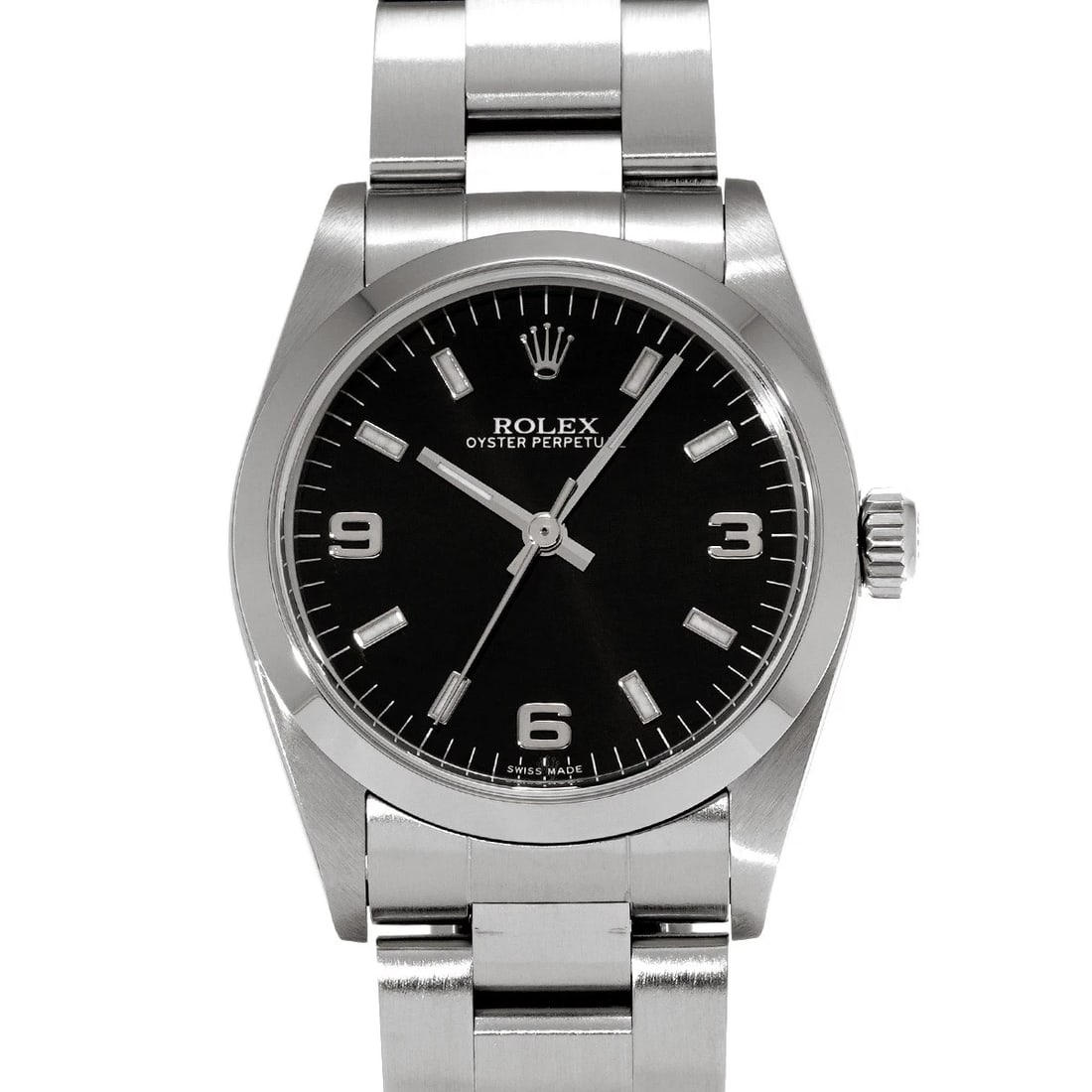ROLEX OYSTER PERPETUAL BLACK WATCH: ROLEX Oyster Perpetual black Watch Brand: ROLEX Type/Style: Wristwatch Material: Band Material Stainless steel, Case Material Stainless steel Color: Dial Color black Size: Case Size H/about 31mm W/abo
