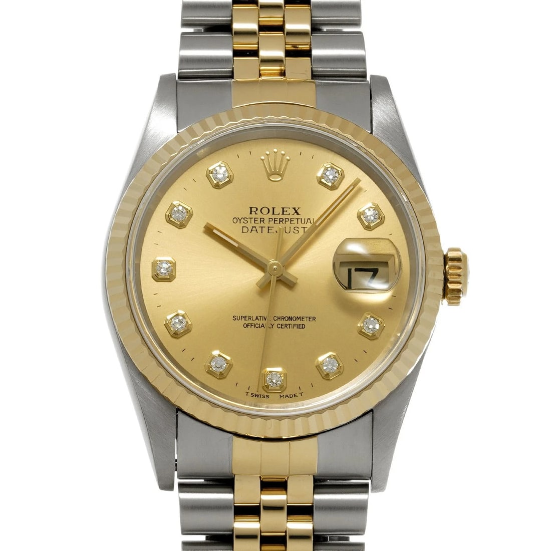 ROLEX DATEJUST 36 CHAMPAGNE/DIAMOND WATCH: ROLEX Datejust 36 Champagne/diamond Watch Brand: ROLEX Type/Style: Wristwatch Material: Band Material Stainless steel/Yellow Gold, Case Material Stainless steel Color: Dial Color Champagne Size: Case