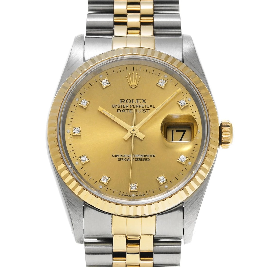 ROLEX DATEJUST 36 CHAMPAGNE/DIAMOND WATCH: ROLEX Datejust 36 Champagne/diamond Watch Brand: ROLEX Type/Style: Wristwatch Material: Band Material Stainless steel/Yellow Gold, Case Material Stainless steel Color: Dial Color Champagne Size: Case
