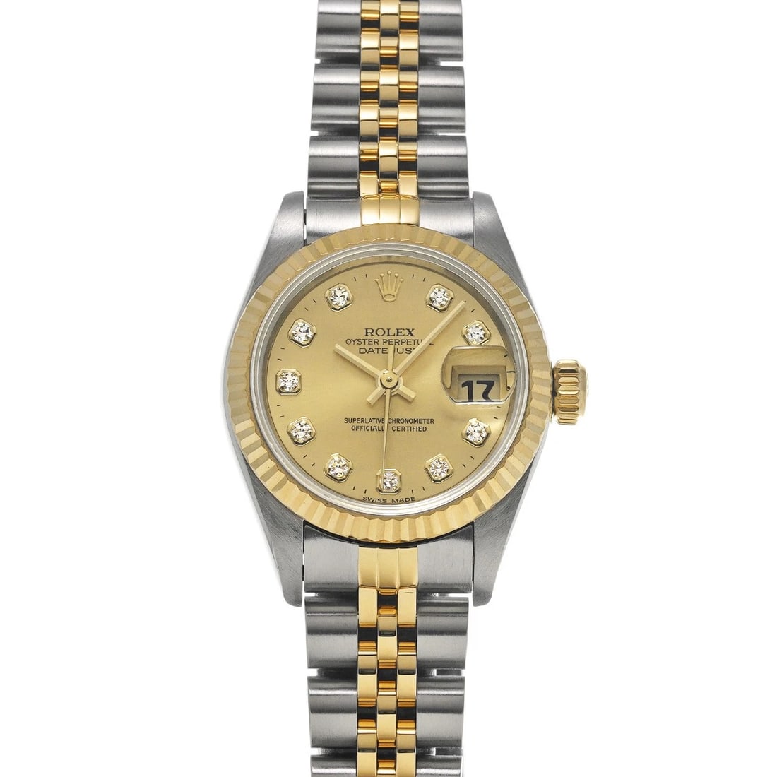 ROLEX DATEJUST 26 CHAMPAGNE/DIAMOND WATCH: ROLEX Datejust 26 Champagne/diamond Watch Brand: ROLEX Type/Style: Wristwatch Material: Band Material Stainless steel/Yellow Gold, Case Material Stainless steel Color: Dial Color Champagne Size: Case