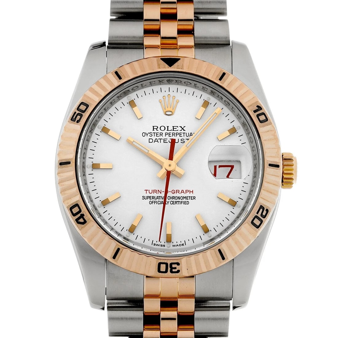 ROLEX DATEJUST TURN-O-GRAPH WHITE WATCH: ROLEX Datejust Turn-O-Graph white Watch Brand: ROLEX Type/Style: Wristwatch Material: Band Material Stainless steel/Everrose gold, Case Material Stainless steel Color: Dial Color white Size: Case