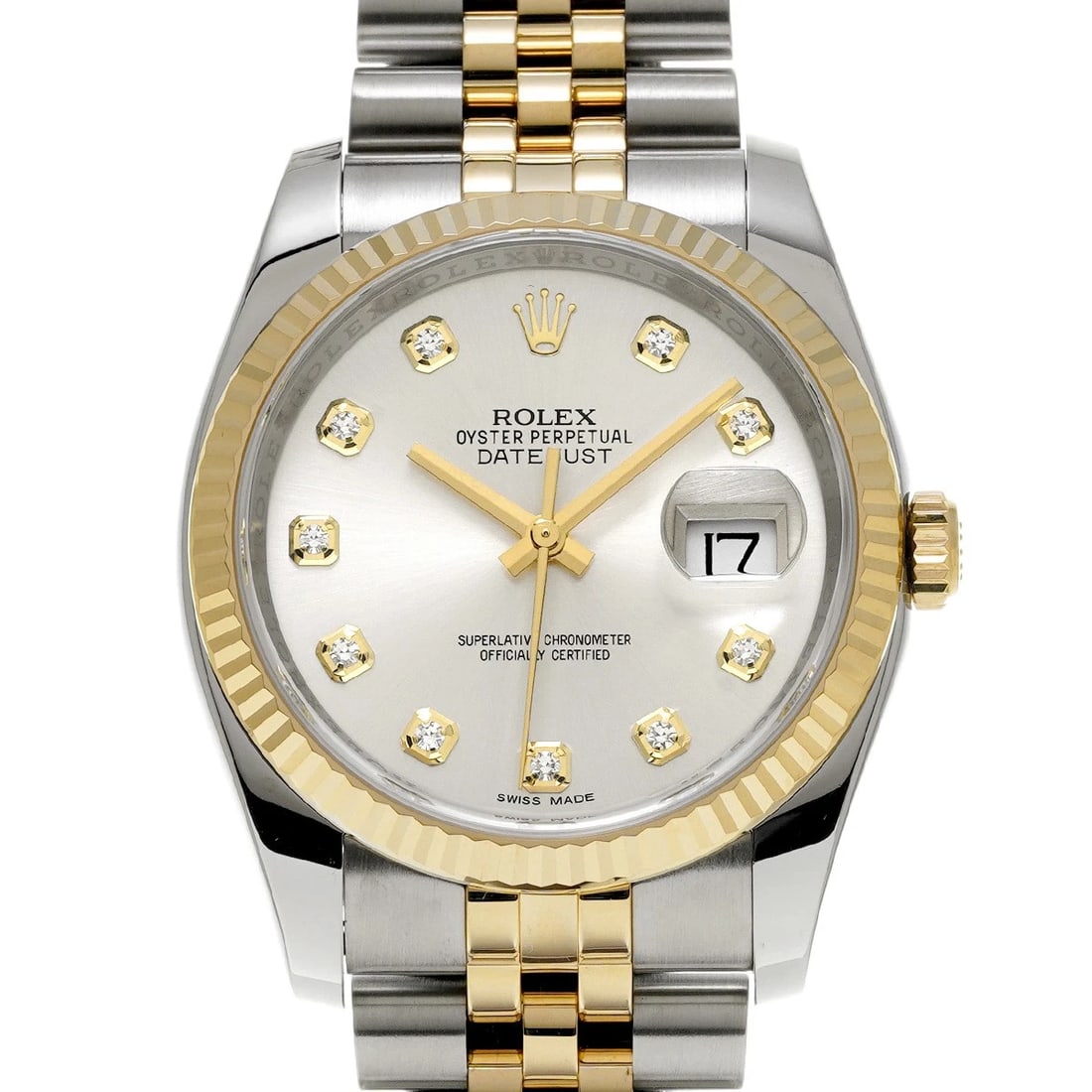 ROLEX DATEJUST 36 1SILVER/DIAMOND WATCH: ROLEX Datejust 36 1Silver/diamond Watch Brand: ROLEX Type/Style: Wristwatch Material: Band Material Stainless steel/Yellow Gold, Case Material Stainless steel Color: Dial Color Silver Size: Case Size