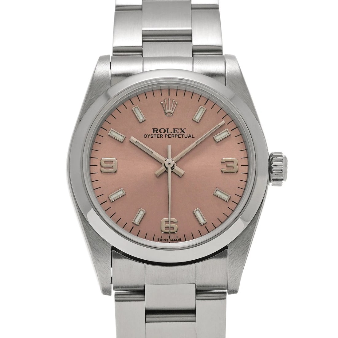 ROLEX OYSTER PERPETUAL PINK WATCH: ROLEX Oyster Perpetual pink Watch Brand: ROLEX Type/Style: Wristwatch Material: Band Material Stainless steel, Case Material Stainless steel Color: Dial Color pink Size: Case Size H/about 31mm