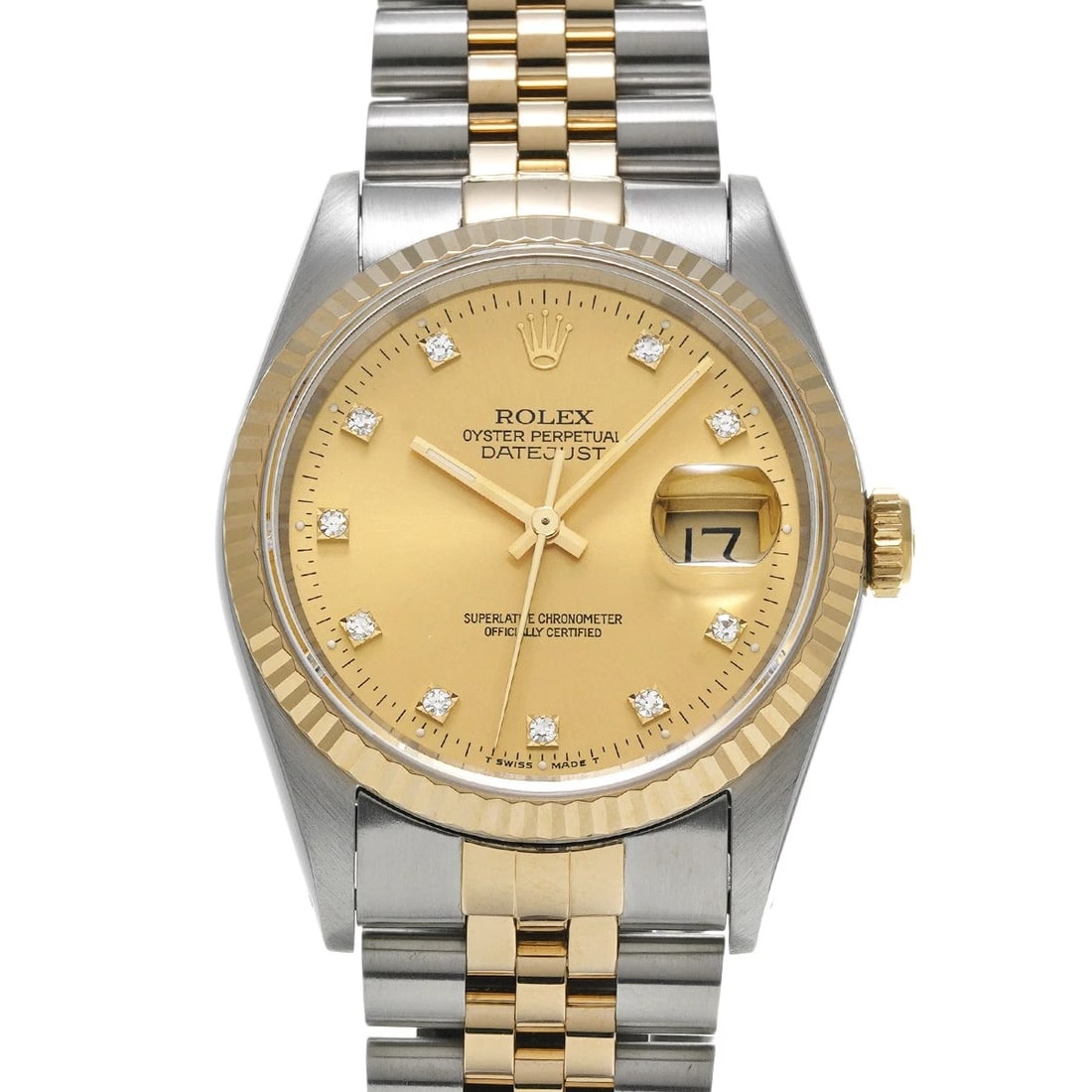ROLEX DATEJUST 36 CHAMPAGNE/DIAMOND WATCH: ROLEX Datejust 36 Champagne/diamond Watch Brand: ROLEX Type/Style: Wristwatch Material: Band Material Stainless steel/Yellow Gold, Case Material Stainless steel Color: Dial Color Champagne Size: Case