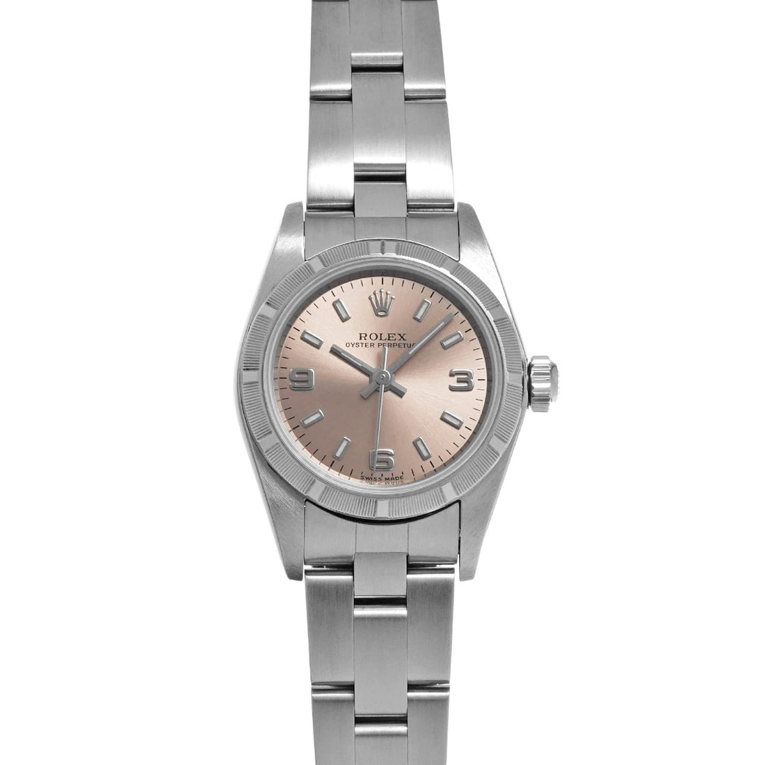 ROLEX OYSTER PERPETUAL PINK WATCH: ROLEX Oyster Perpetual pink Watch Brand: ROLEX Type/Style: Wristwatch Material: Band Material Stainless steel, Case Material Stainless steel Color: Dial Color pink Size: Case Size H/about 24mm