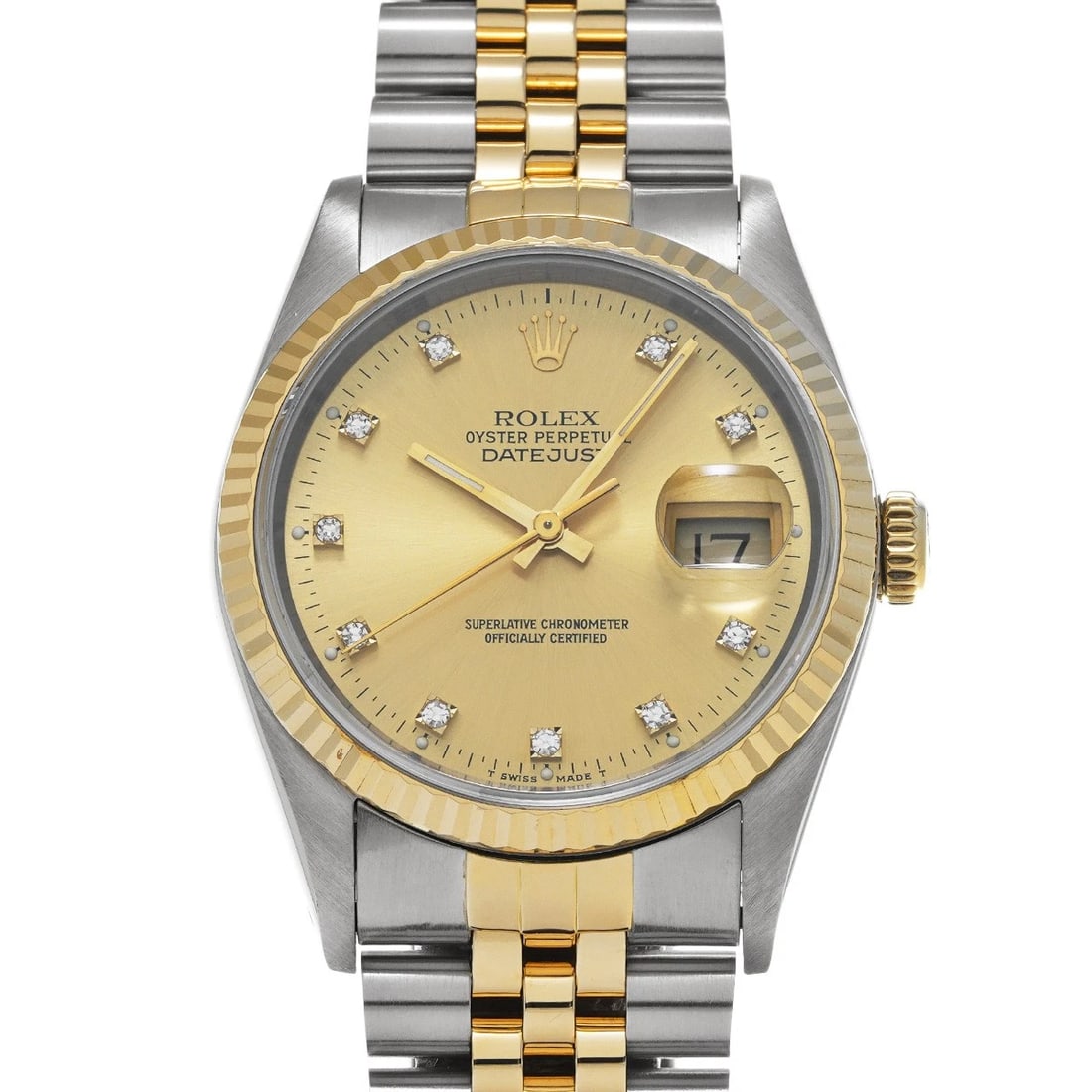 ROLEX DATEJUST 36 CHAMPAGNE/DIAMOND WATCH: ROLEX Datejust 36 Champagne/diamond Watch Brand: ROLEX Type/Style: Wristwatch Material: Band Material Stainless steel/Yellow Gold, Case Material Stainless steel Color: Dial Color Champagne Size: Case