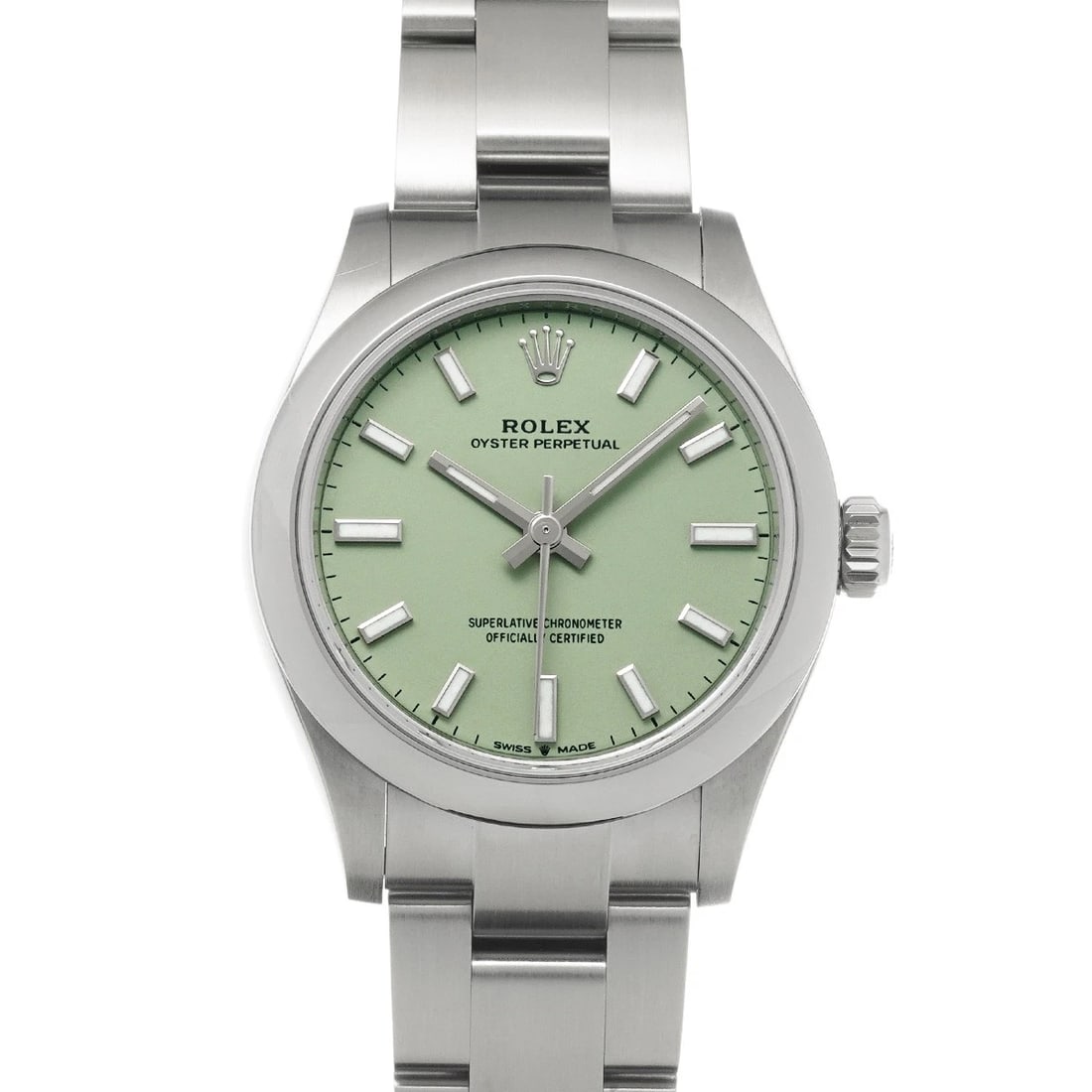 ROLEX OYSTER PERPETUAL 31 PISTACHIO WATCH: ROLEX Oyster Perpetual 31 pistachio Watch Brand: ROLEX Type/Style: Wristwatch Material: Band Material Stainless steel, Case Material Stainless steel Color: Dial Color pistachio Size: Case Size
