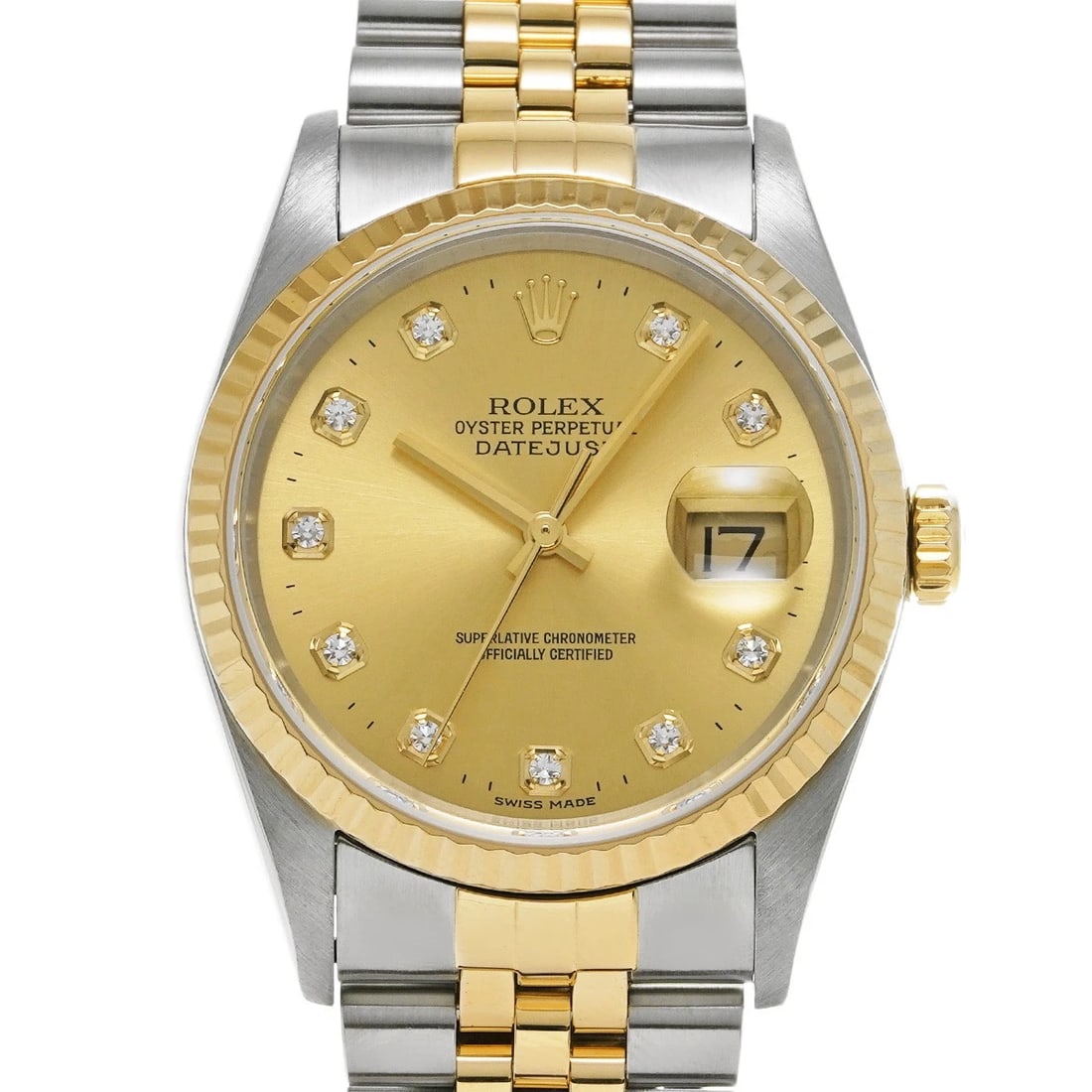 ROLEX DATEJUST 36 CHAMPAGNE/DIAMOND WATCH: ROLEX Datejust 36 Champagne/diamond Watch Brand: ROLEX Type/Style: Wristwatch Material: Band Material Stainless steel/Yellow Gold, Case Material Stainless steel Color: Dial Color Champagne Size: Case