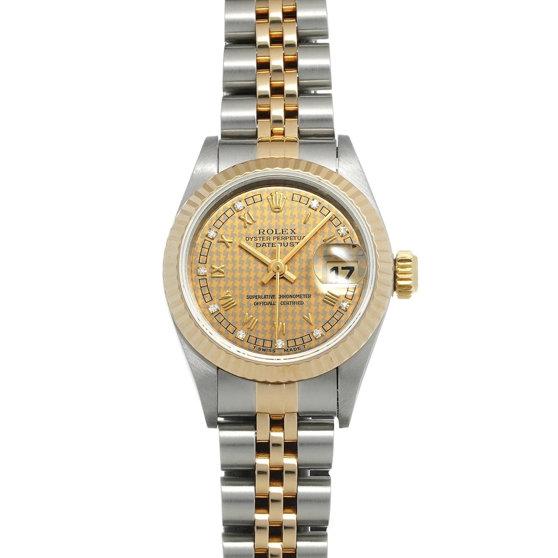 ROLEX DATEJUST CHAMPAGNE HOUNDSTOOTH/DIAMOND WATCH: ROLEX Datejust Champagne Houndstooth/diamond Watch Brand: ROLEX Type/Style: Wristwatch Material: Band Material Stainless steel/Yellow Gold, Case Material Stainless steel Color: Dial Color Champagne