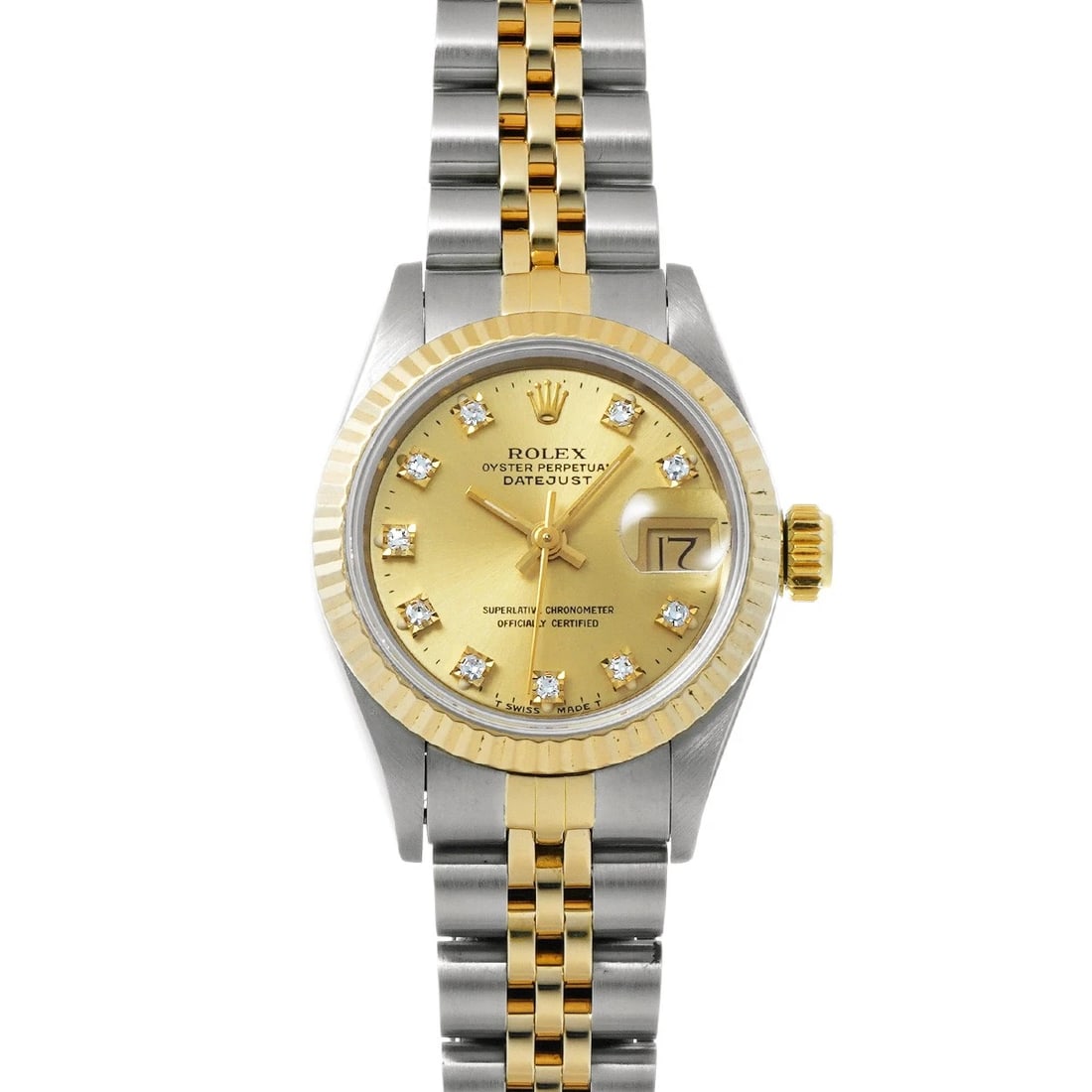 ROLEX DATEJUST 26 CHAMPAGNE/DIAMOND WATCH: ROLEX Datejust 26 Champagne/diamond Watch Brand: ROLEX Type/Style: Wristwatch Material: Band Material Stainless steel/Yellow Gold, Case Material Stainless steel Color: Dial Color Champagne Size: Case 