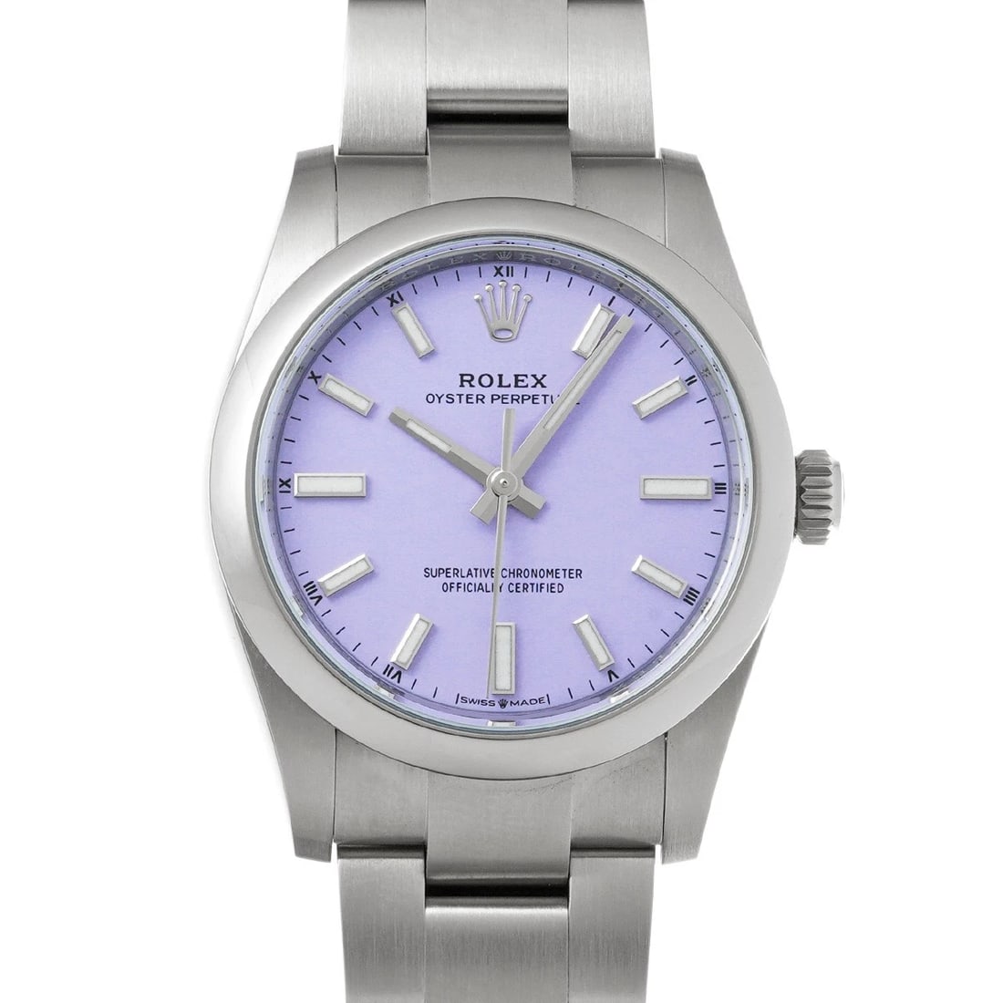 ROLEX OYSTER PERPETUAL 34 LAVENDER WATCH: ROLEX Oyster Perpetual 34 lavender Watch Brand: ROLEX Type/Style: Wristwatch Material: Band Material Stainless steel, Case Material Stainless steel Color: Dial Color lavender Size: Case Size H/about