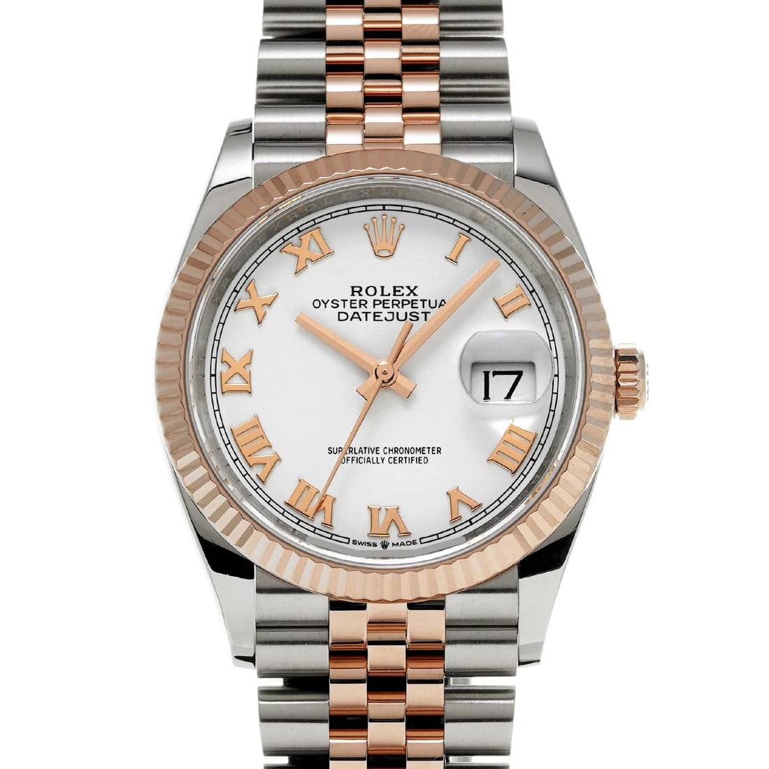 ROLEX DATEJUST 36 WHITE WATCH: ROLEX Datejust 36 white Watch Brand: ROLEX Type/Style: Wristwatch Material: Band Material Stainless steel/Everrose gold, Case Material Stainless steel Color: Dial Color white Size: Case Size H/about