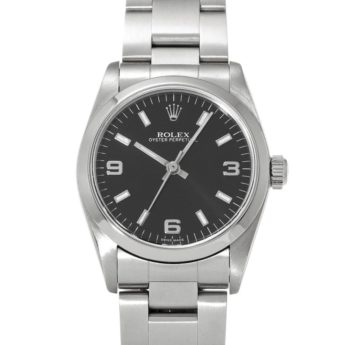 ROLEX OYSTER PERPETUAL BLACK WATCH: ROLEX Oyster Perpetual black Watch Brand: ROLEX Type/Style: Wristwatch Material: Band Material Stainless steel, Case Material Stainless steel Color: Dial Color black Size: Case Size H/about 31mm