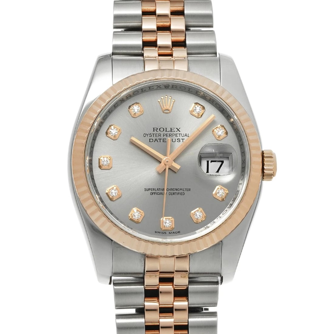 ROLEX DATEJUST 36 GRAY/DIAMOND WATCH: ROLEX Datejust 36 gray/diamond Watch Brand: ROLEX Type/Style: Wristwatch Material: Band Material Stainless steel/Everrose gold, Case Material Stainless steel Color: Dial Color gray Size: Case Size