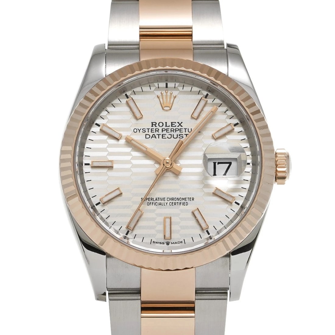ROLEX DATEJUST 36 SILVER FLUTED MOTIF WATCH: ROLEX Datejust 36 Silver Fluted Motif Watch Brand: ROLEX Type/Style: Wristwatch Material: Band Material Stainless steel/Everrose gold, Case Material Stainless steel Color: Dial Color Silver Fluted
