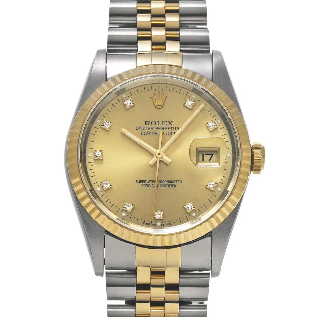 ROLEX DATEJUST 36 CHAMPAGNE/DIAMOND WATCH: ROLEX Datejust 36 Champagne/diamond Watch Brand: ROLEX Type/Style: Wristwatch Material: Band Material Stainless steel/Yellow Gold, Case Material Stainless steel Color: Dial Color Champagne Size: Case