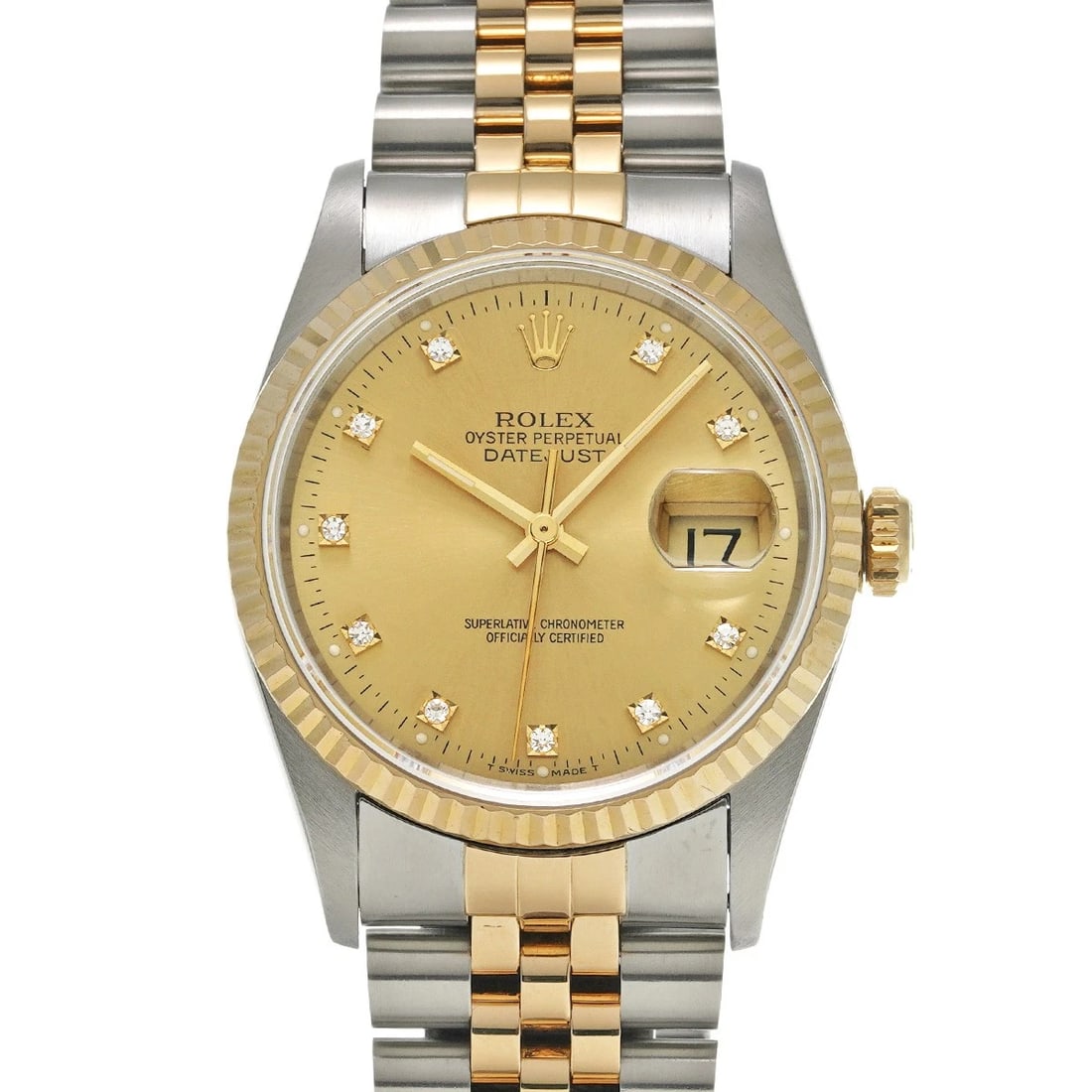 ROLEX DATEJUST 36 CHAMPAGNE/DIAMOND WATCH: ROLEX Datejust 36 Champagne/diamond Watch Brand: ROLEX Type/Style: Wristwatch Material: Band Material Stainless steel/Yellow Gold, Case Material Stainless steel Color: Dial Color Champagne Size: Case