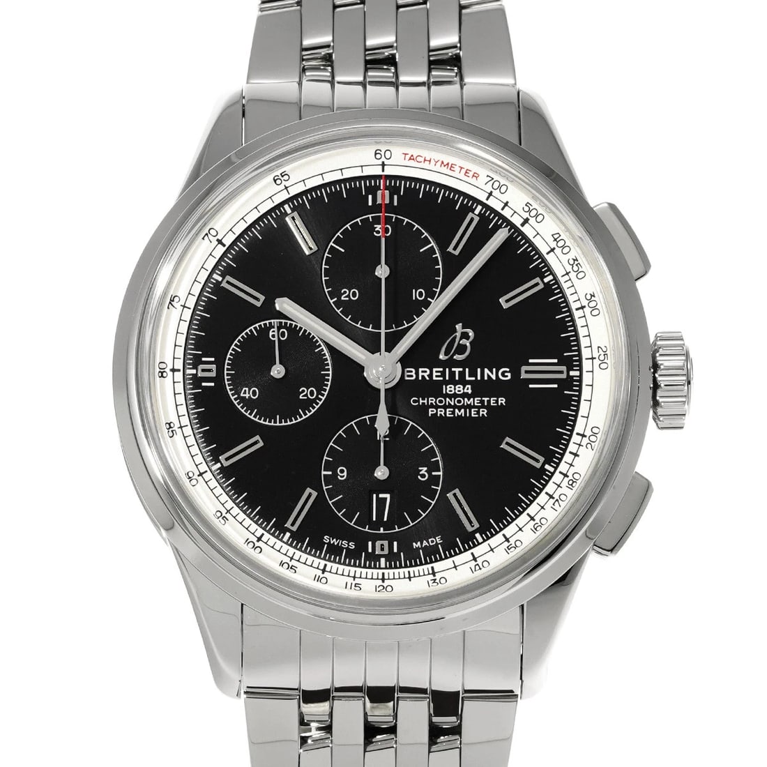 BREITLING PREMIER CHRONOGRAPH 42 BLACK WATCH: BREITLING Premier Chronograph 42 black Watch Brand: Breitling Type/Style: Wristwatch Material: Band Material Stainless Steel, Case Material Stainless Steel Color: Dial Color Black Size: Case Size