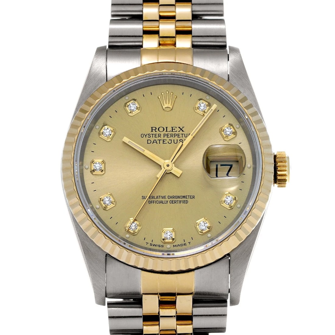 ROLEX DATEJUST 36 CHAMPAGNE/DIAMOND WATCH: ROLEX Datejust 36 Champagne/diamond Watch Brand: ROLEX Type/Style: Wristwatch Material: Band Material Stainless steel/Yellow Gold, Case Material Stainless steel Color: Dial Color Champagne Size: Case