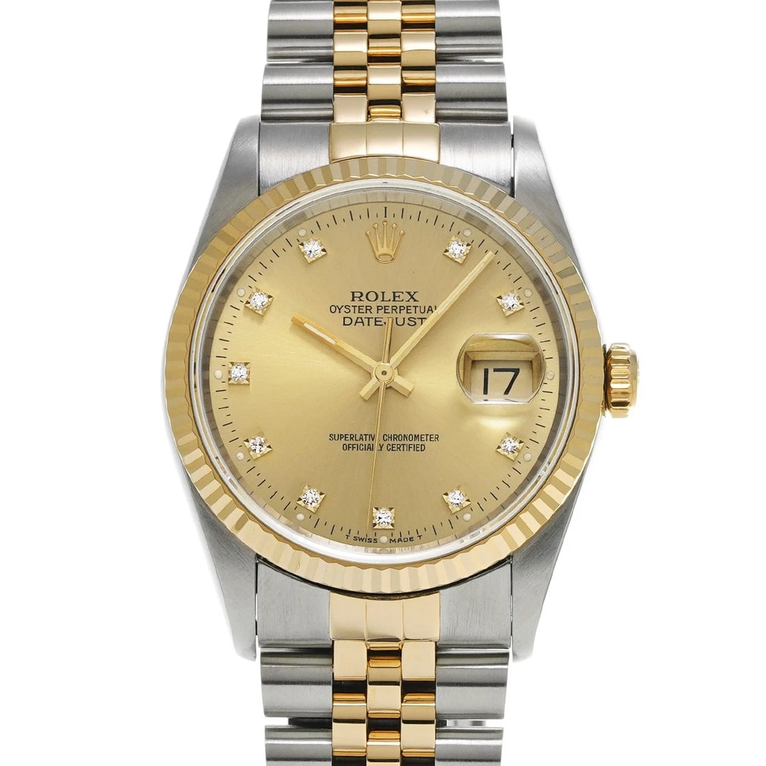 ROLEX DATEJUST 36 CHAMPAGNE/DIAMOND WATCH: ROLEX Datejust 36 Champagne/diamond Watch Brand: ROLEX Type/Style: Wristwatch Material: Band Material Stainless steel/Yellow Gold, Case Material Stainless steel Color: Dial Color Champagne Size: Case