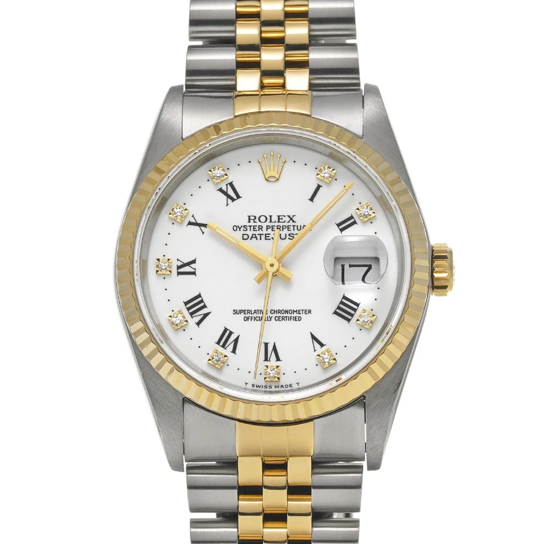 ROLEX DATEJUST 36 WHITE/DIAMOND WATCH: ROLEX Datejust 36 white/diamond Watch Brand: ROLEX Type/Style: Wristwatch Material: Band Material Stainless steel/Yellow Gold, Case Material Stainless steel Color: Dial Color white Size: Case Size