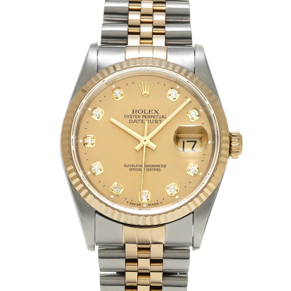 ROLEX DATEJUST 36 CHAMPAGNE/DIAMOND WATCH: ROLEX Datejust 36 Champagne/diamond Watch Brand: ROLEX Type/Style: Wristwatch Material: Band Material Stainless steel/Yellow Gold, Case Material Stainless steel Color: Dial Color Champagne Size: Case