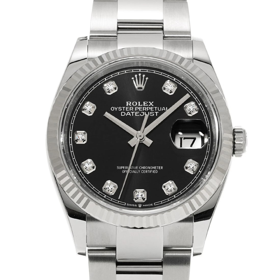 ROLEX DATEJUST 36 BRIGHT BLACK/DIAMOND WATCH: ROLEX Datejust 36 Bright black/diamond Watch Brand: ROLEX Type/Style: Wristwatch Material: Band Material Stainless steel, Case Material Stainless steel Color: Dial Color Bright black Size: Case Size