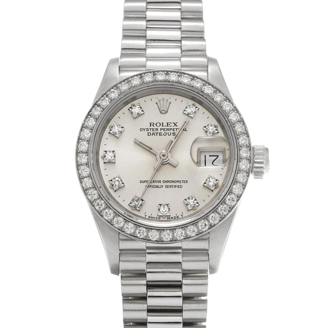 ROLEX DATEJUST SILVER/DIAMOND WATCH: ROLEX Datejust Silver/diamond Watch Brand: ROLEX Type/Style: Wristwatch Material: Band Material Platinum, Case Material Platinum Color: Dial Color Silver Size: Case Size H/about 26mm W/about 26mm D/ab