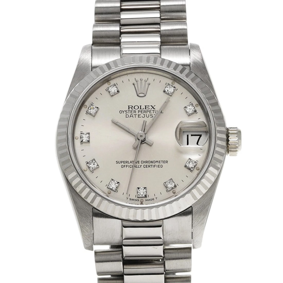 ROLEX DATEJUST SILVER/DIAMOND WATCH: ROLEX Datejust Silver/diamond Watch Brand: ROLEX Type/Style: Wristwatch Material: Band Material White gold, Case Material White gold Color: Dial Color Silver Size: Case Size H/about 31mm W/about 31mm