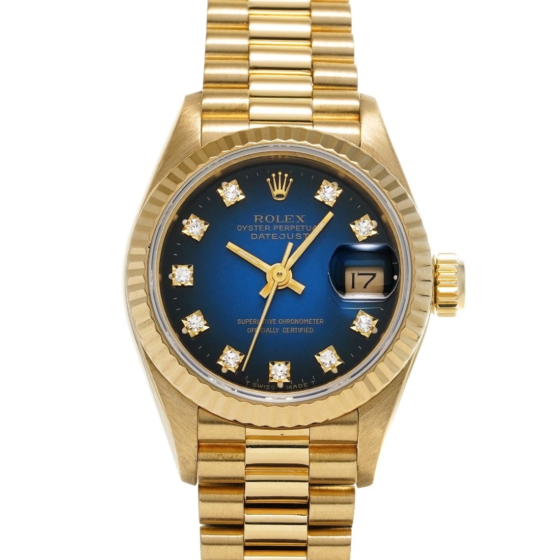 ROLEX DATEJUST BLUE GRADIENT/DIAMOND WATCH: ROLEX Datejust Blue Gradient/diamond Watch Brand: ROLEX Type/Style: Wristwatch Material: Band Material Yellow Gold, Case Material Yellow Gold Color: Dial Color Blue Gradient Size: Case Size H/about