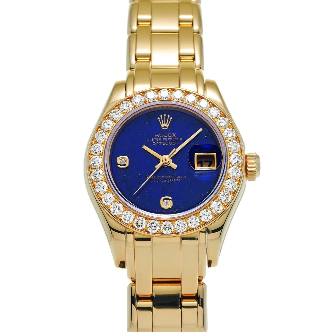 ROLEX DATEJUST PEARLMASTER LAPIS LAZULI/DIAMOND WATCH: ROLEX Datejust Pearlmaster lapis lazuli/diamond Watch Brand: ROLEX Type/Style: Wristwatch Material: Band Material Yellow Gold, Case Material Yellow Gold Color: Dial Color lapis lazuli Size: Case Size