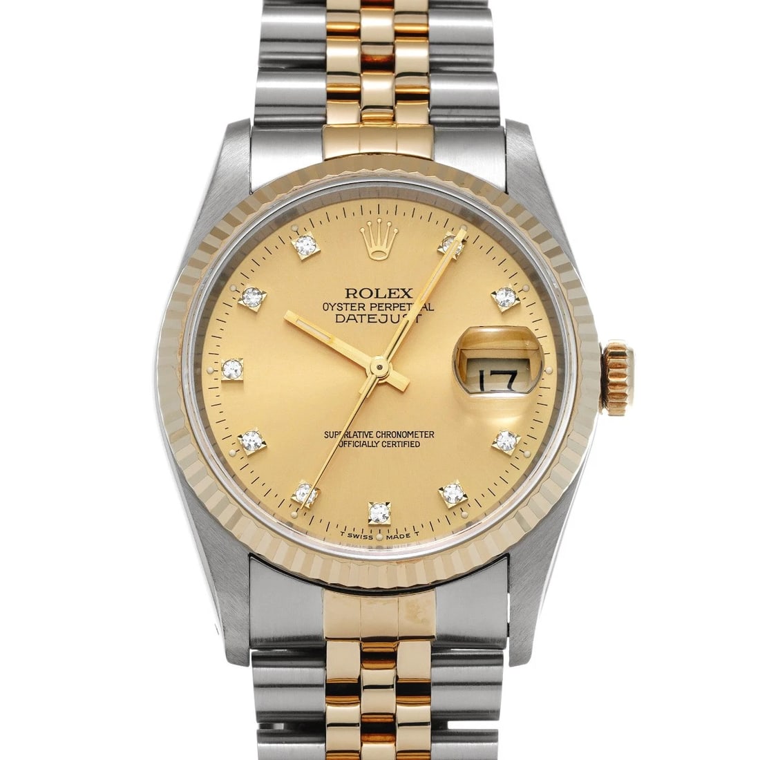 ROLEX DATEJUST 36 CHAMPAGNE/DIAMOND WATCH: ROLEX Datejust 36 Champagne/diamond Watch Brand: ROLEX Type/Style: Wristwatch Material: Band Material Stainless steel/Yellow Gold, Case Material Stainless steel Color: Dial Color Champagne Size: Case