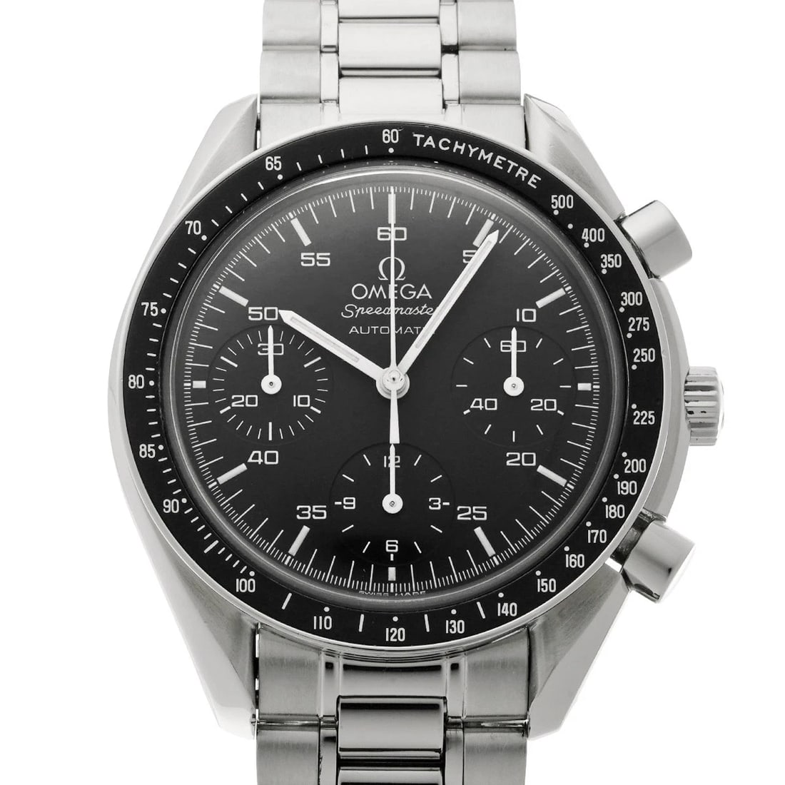 OMEGA SPEEDMASTER AUTOMATIC BLACK WATCH: OMEGA Speedmaster Automatic black Watch Brand: OMEGA Type/Style: Wristwatch Material: Band Material Stainless steel, Case Material Stainless steel Color: Dial Color black Size: Case Size H/about 39mm