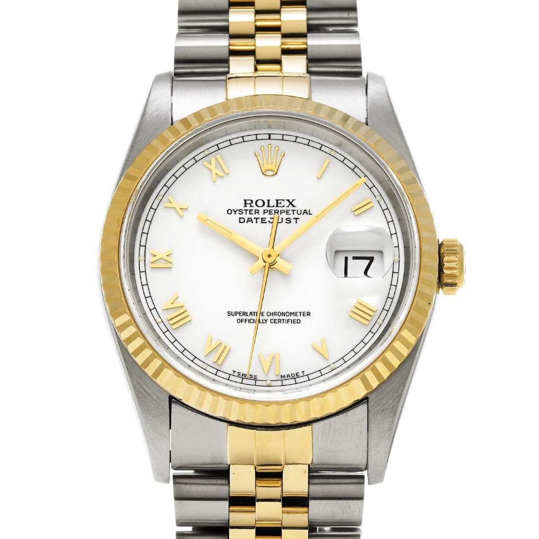 ROLEX DATEJUST 36 WHITE WATCH: ROLEX Datejust 36 white Watch Brand: ROLEX Type/Style: Wristwatch Material: Band Material Stainless steel/Yellow Gold, Case Material Stainless steel Color: Dial Color white Size: Case Size H/about