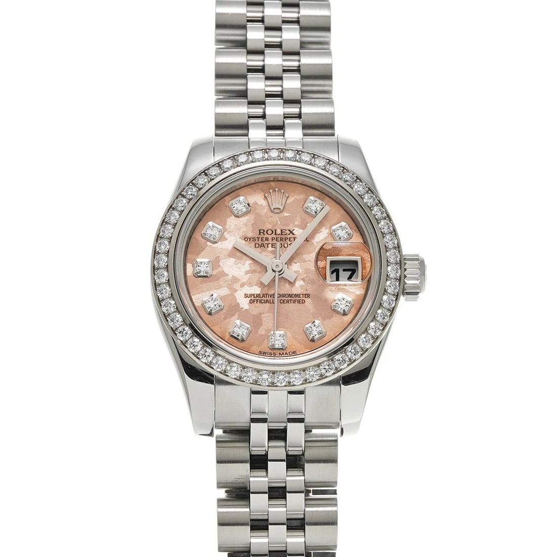 ROLEX DATEJUST PINK GOLD CRYSTAL/DIAMOND WATCH: ROLEX Datejust Pink gold crystal/diamond Watch Brand: ROLEX Type/Style: Wristwatch Material: Band Material Stainless steel, Case Material Stainless steel Color: Dial Color Pink gold crystal Size: