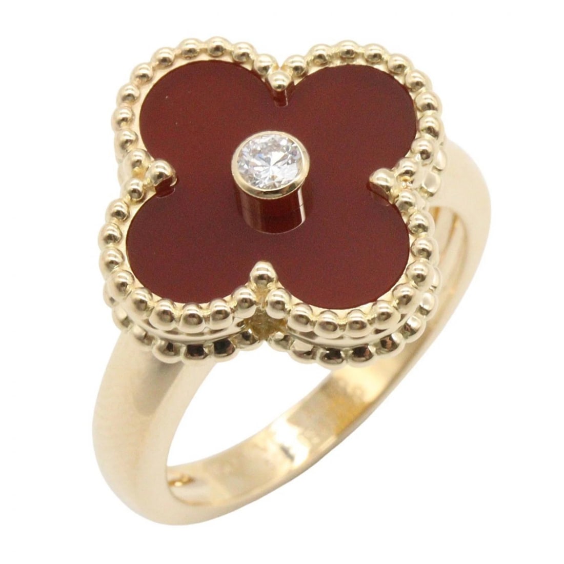 VAN CLEEF & ARPELS ALHAMBRA CARNELIAN DIAMOND RING: Van Cleef & Arpels Alhambra Carnelian Diamond Ring Brand: Van Cleef & Arpels Type/Style: Ring Material: K18 (Yellow Gold), Color: Gold Size: US 5.25 Accessories: None Accessories Notice: When
