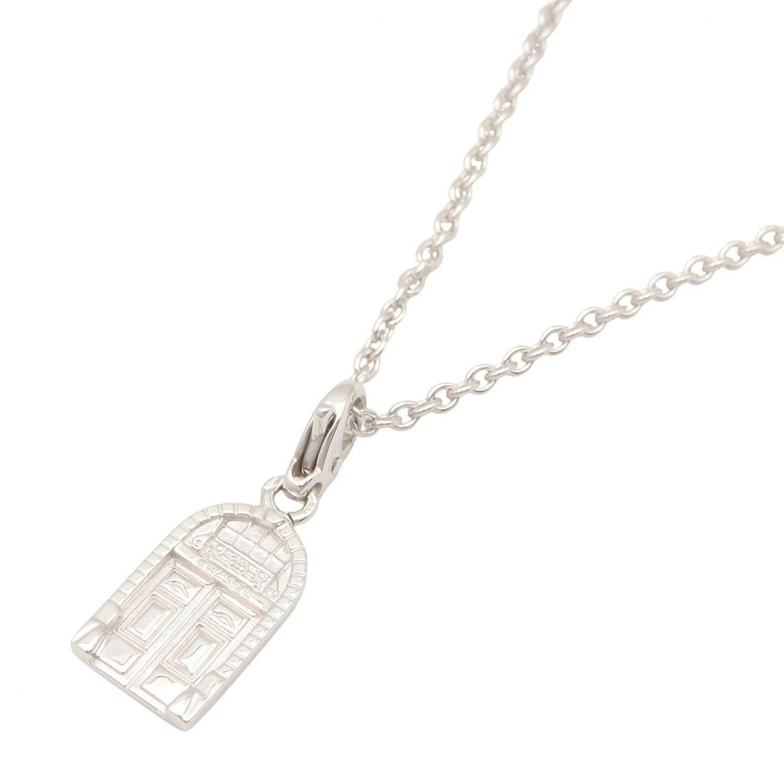 CHANEL DOOR MOTIF NECKLACE PENDANT: CHANEL Door Motif Necklace Pendant Brand: CHANEL Type/Style: Necklace Material: K18WG?White Gold?, Color: Silver Size: Size Neck rotation?37.5/40cm(14.8") Motif W?9.8mm x H?19.7mm(0.4" x 0.8")