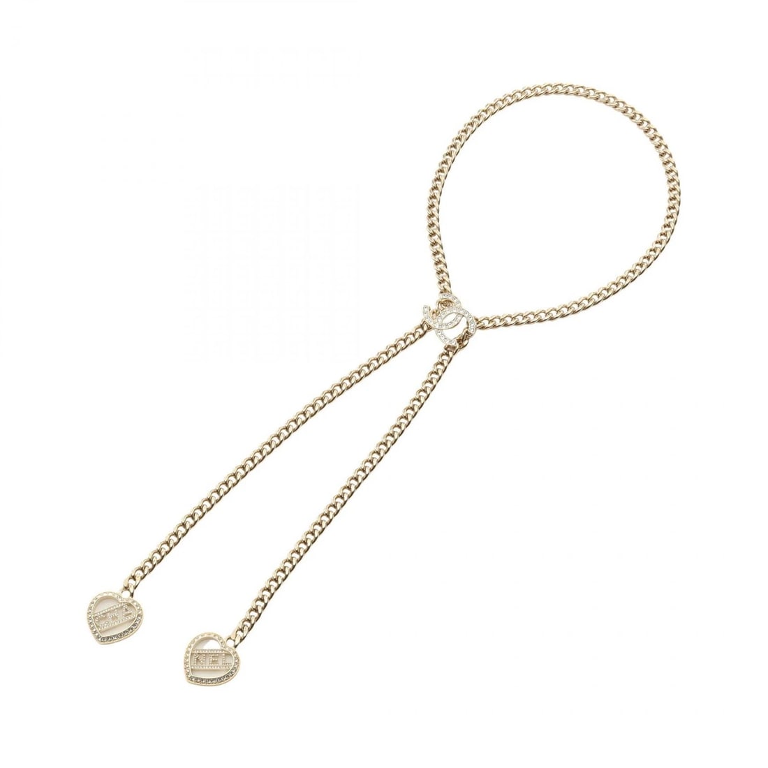 CHANEL COCO MARK DOUBLE HEART CHAIN NECKLACE: CHANEL COCO Mark Double Heart Chain Necklace Brand: CHANEL Type/Style: Necklace Material: Gold Plated, Color: Gold Size: Size Neck rotation?42~62cm(16.5") Motif W?28mm x H?27mm(1.1" x 1.1")
