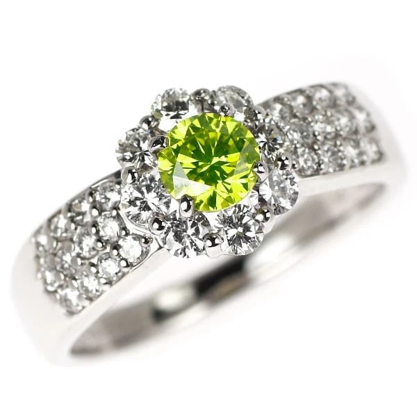 PT900 APPLE GREEN/COLORLESS DIAMOND RING: Pt900 apple green/colorless diamond ring Brand: None Type/Style: Ring Material: Pt900, Main Stone Natural Color: None Size: 5.5 - 5.75 US Accessories: None Accessories Notice: When purchasing