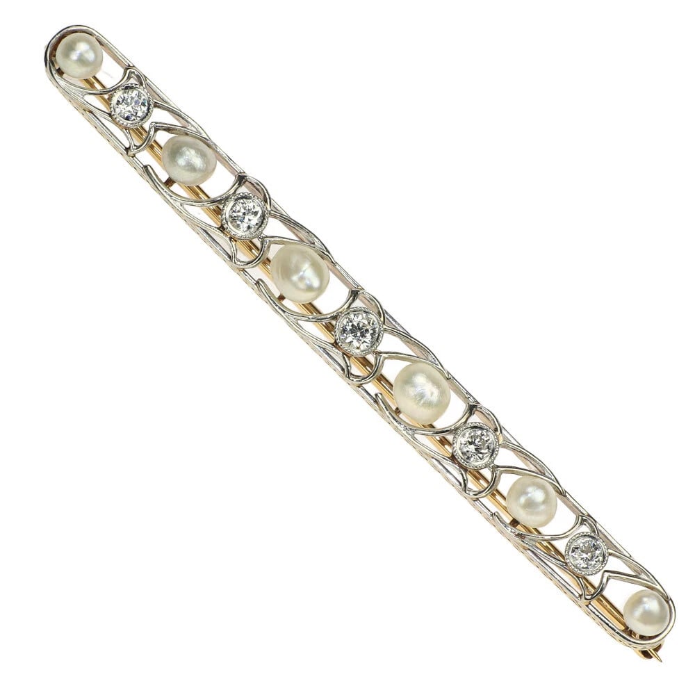 K14YGWG PEARL/PEARL EDWARDIAN PERIOD OLD CUT DIAMOND BROOCH (1 of 3)