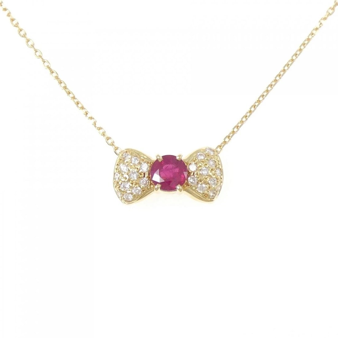 K18YG RIBBON RUBY NECKLACE: K18YG Ribbon Ruby Necklace Brand: Unbranded Type/Style: Ruby Necklace Material: K18 yellow gold, Main Stone Ruby, Natural Color: YG Size: Length: 41cm Accessories: None Accessories Notice: When