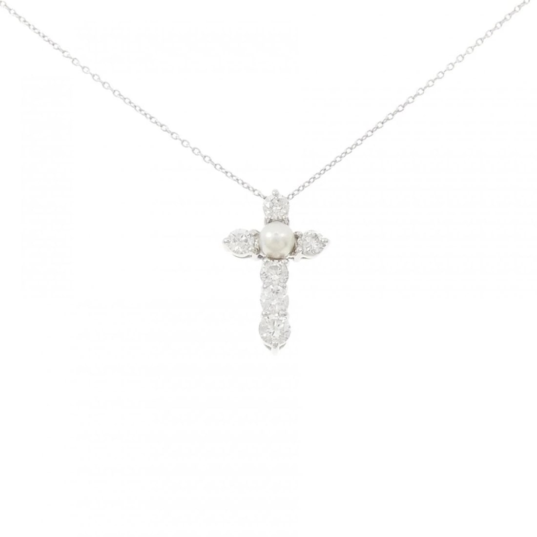 K18WG CROSS AKOYA PEARL NECKLACE: K18WG Cross Akoya Pearl Necklace Brand: Unbranded Type/Style: Akoya Pearl Necklace Material: K18 white gold, Main Stone Akoya Pearl, Natural Color: WG Size: Length: 45cm Accessories: None
